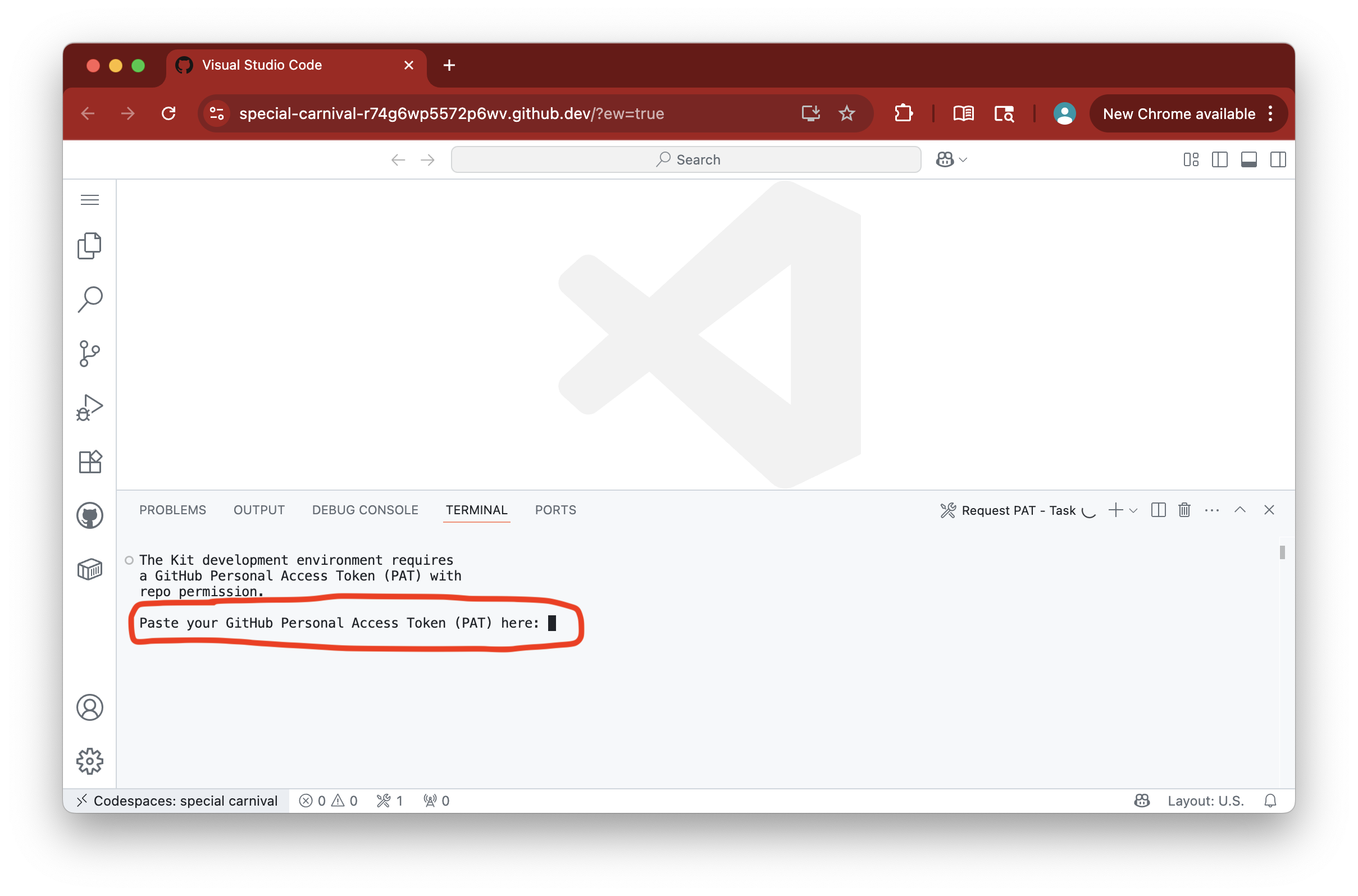The GitKit Development Environment prompting for a GitHub PAT during creation.