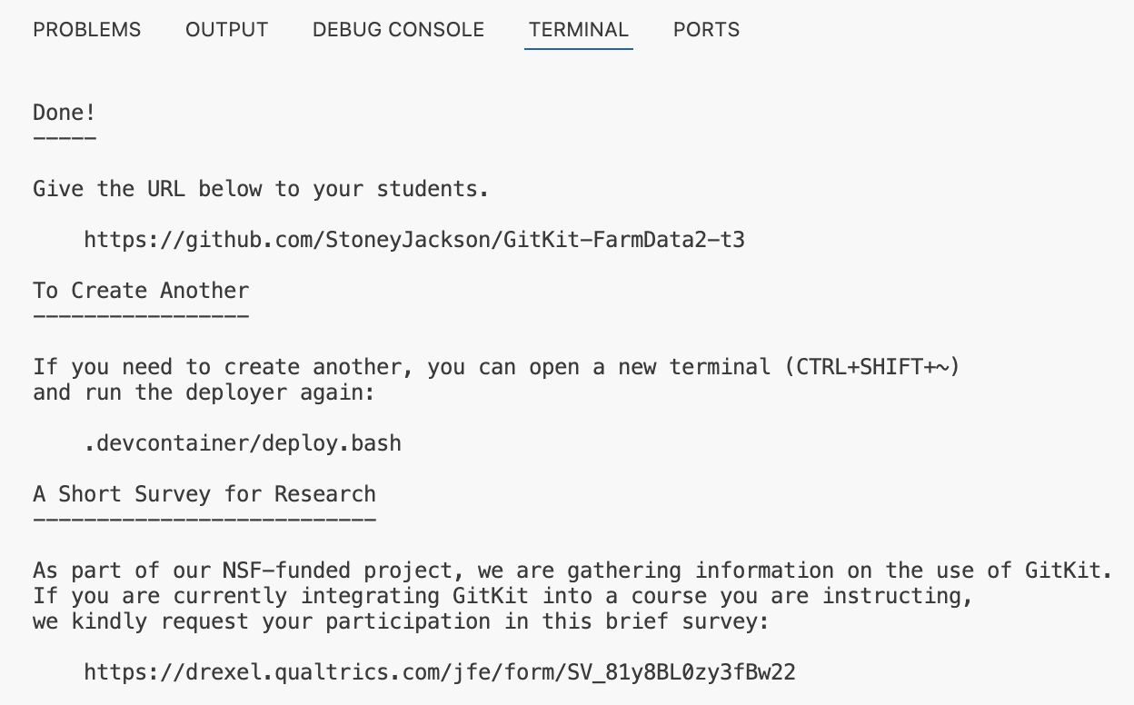 Screenshot of the deployer showing the URL of the deployed GitKit FarmData2 repository.