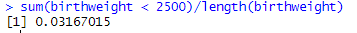 Calculation showing percentage of low birth weights in data