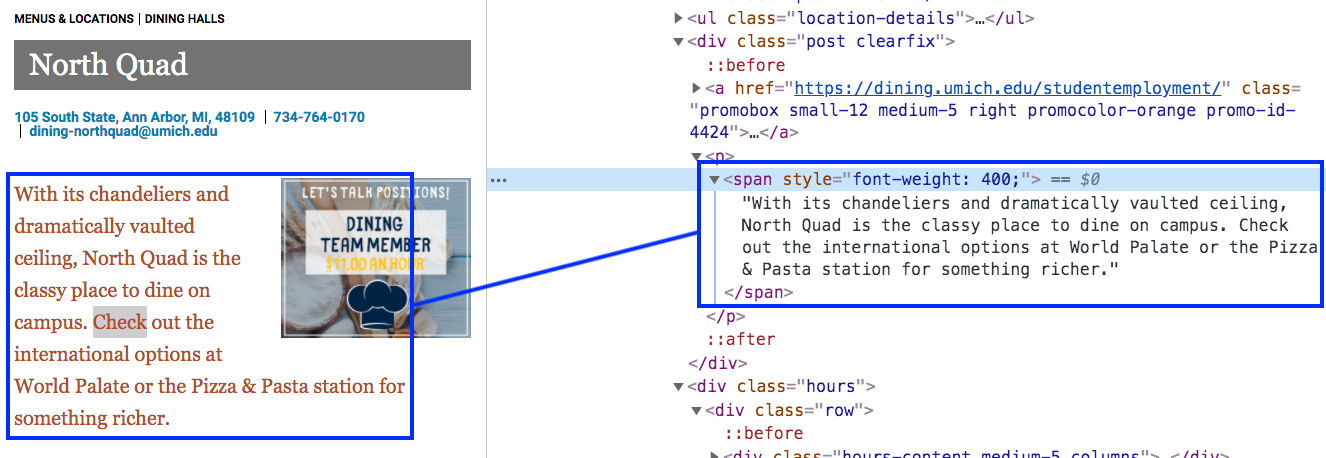 The tag that creates the description of North Quad