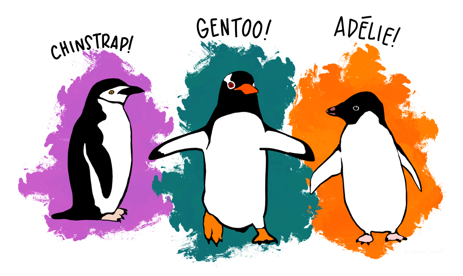 Artwork depicting three species of penguins.